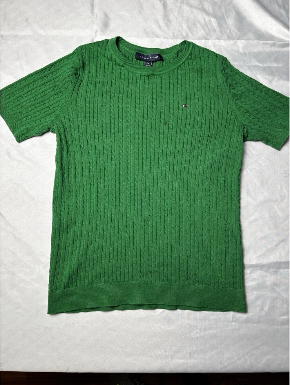 Tommy Hilfiger Men's Green Cable Knit Cotton Sweater Shirt,